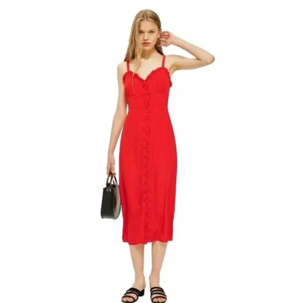 Topshop Red Ruffle-Trim Midi Dress